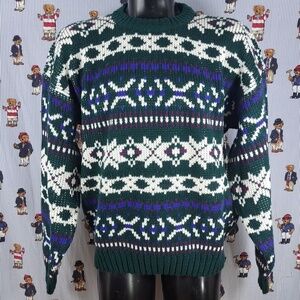 Vintage Brittany Bay green & white geo  chunky knit pullover casual XL sweater